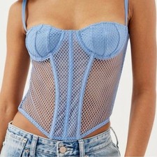 UO OUT FROM UNDER Dusty Blue Fishnet Mesh Bustier Adjustable Corset Top Size S
