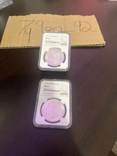 Lot Of 2 1921 Morgan Silver Dollars 90% Silver MS61 And MS63 NGC