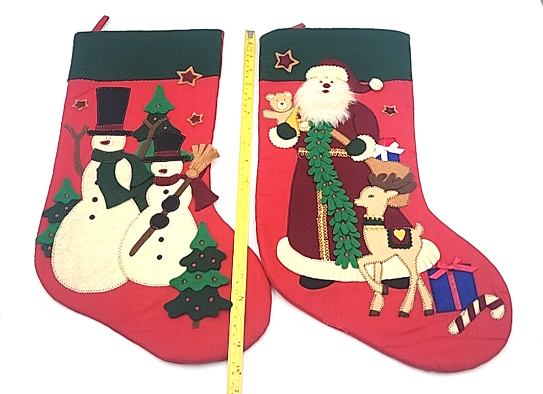 2 Felt Applique Christmas Stockings Santa W Reindeer & Snowman Primitive Style