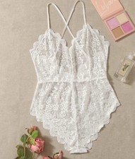 White Satin Teddy Lingerie Bodysuit Playsuit Romper Women s Size M Floral Lace