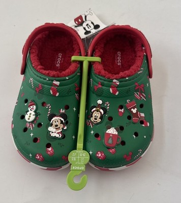 Disney Christmas Crocs C12 Kids Fleece Lined Mickey Minnie Jollywood Holiday NEW