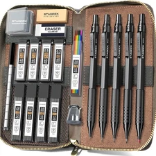 Metal Mechanical Pencil Set in Leather Case, 5PCS Art Drafting Black 