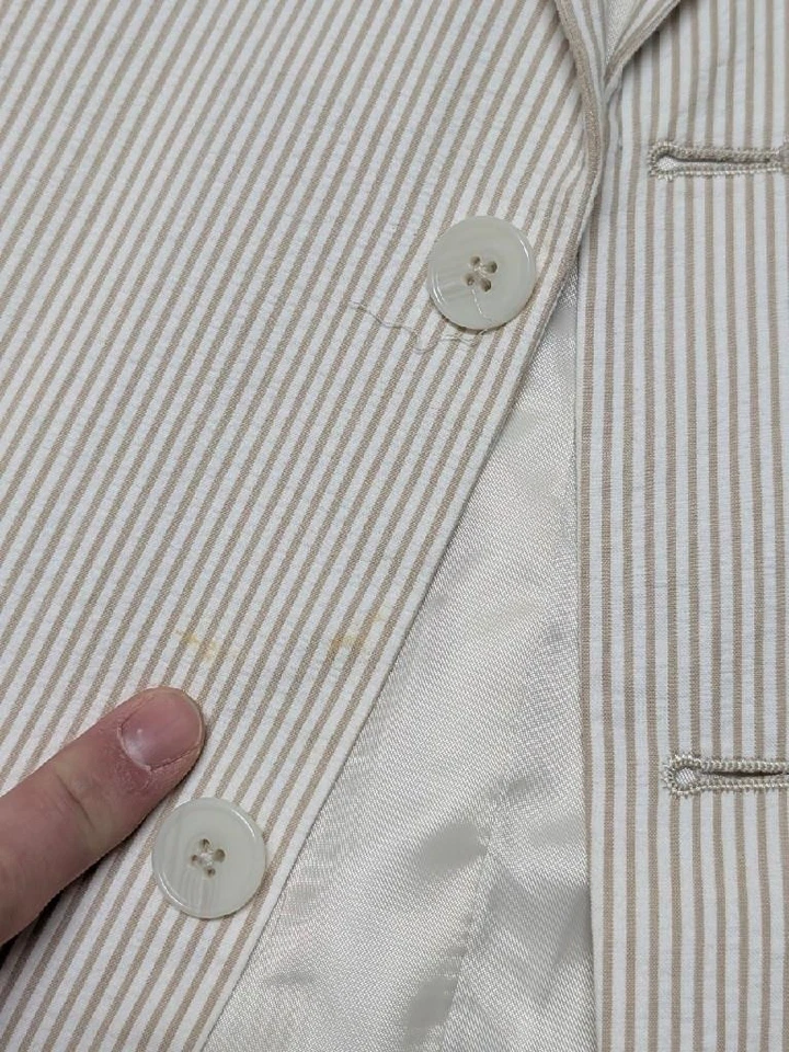 vintage SEERSUCKER tan white 2PC SUIT striped 46R 42x30 ivy league PREPPY polo - Image 4 of 4