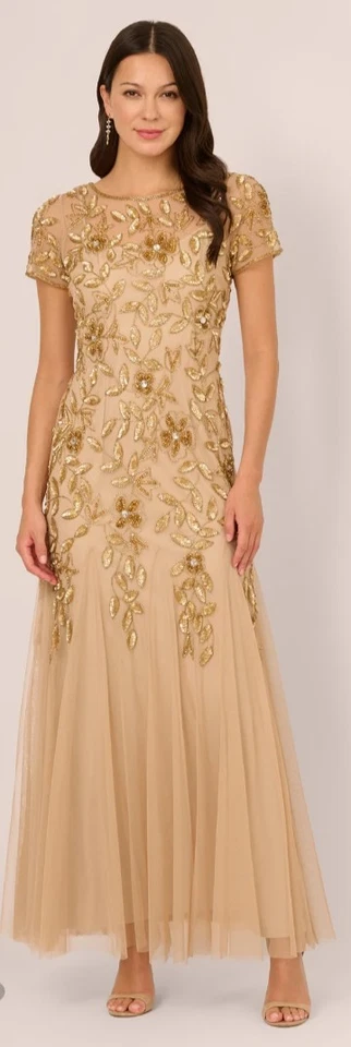 Adrianna Papell 手工串珠短袖花卉礼服香槟金色 10 码 — 第 2/4 张图片