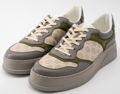 NEW Auth Gucci GG Chunky B Dali Sneakers Green Beige Grey GG Leather G 6.5 US 7