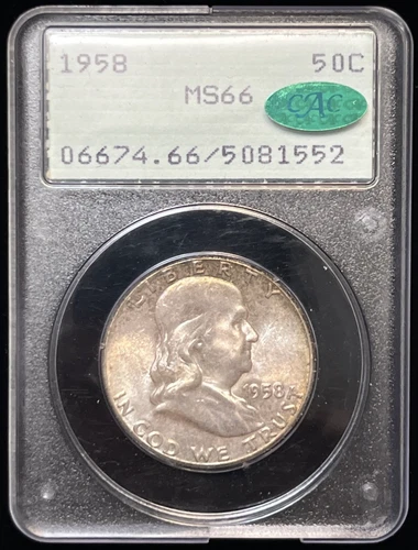 1958 Franklin Silver Half Dollar 50C Early Gen PCGS Rattler Gem MS-66 CAC & OGH