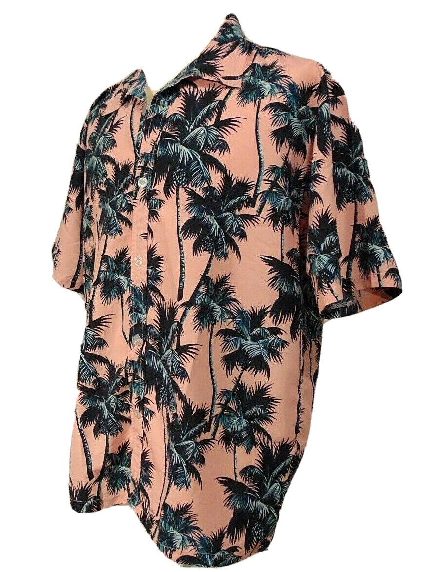 Shuangqi Hawaiian Shirt Mens 5XL Button Up Polyester Palm Trees Pink Blue