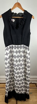 Vintage Caron Chicago Dress Womens 14 Long Black & White 70s 80s Cotton