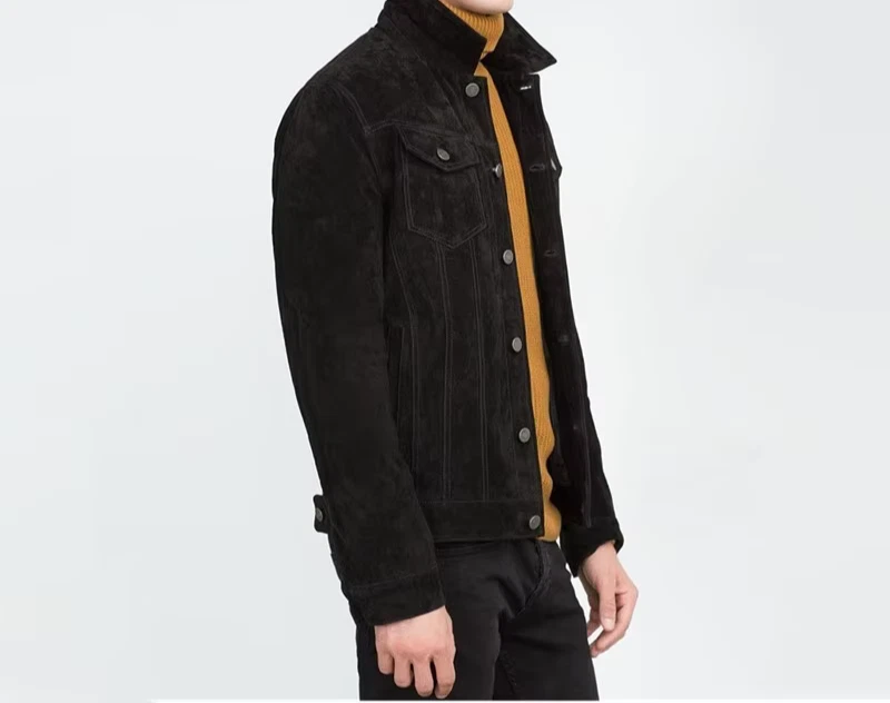 Mens Brown Suede Leather Trucker Jacket Denim Button Jacket Short Lined M L XL