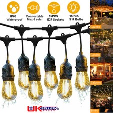 49FT Festoon Outdoor String Lights Mains Powered S14 15 LED Bulbs Garden Lights