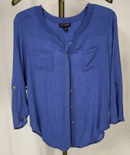 I.N. Studio Petite Large Blue Blouse Long Sleeve Button Up Top Pockets