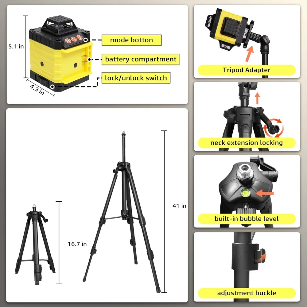 Laser Level, 4 x 360° Laser Level with Tripod, Self Leveling Laser Level 4D