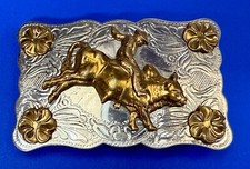 Cowboy Saddle Bronc Bull Rider Flower Karman Inc Vtg. Nickel Silver Belt Buckle