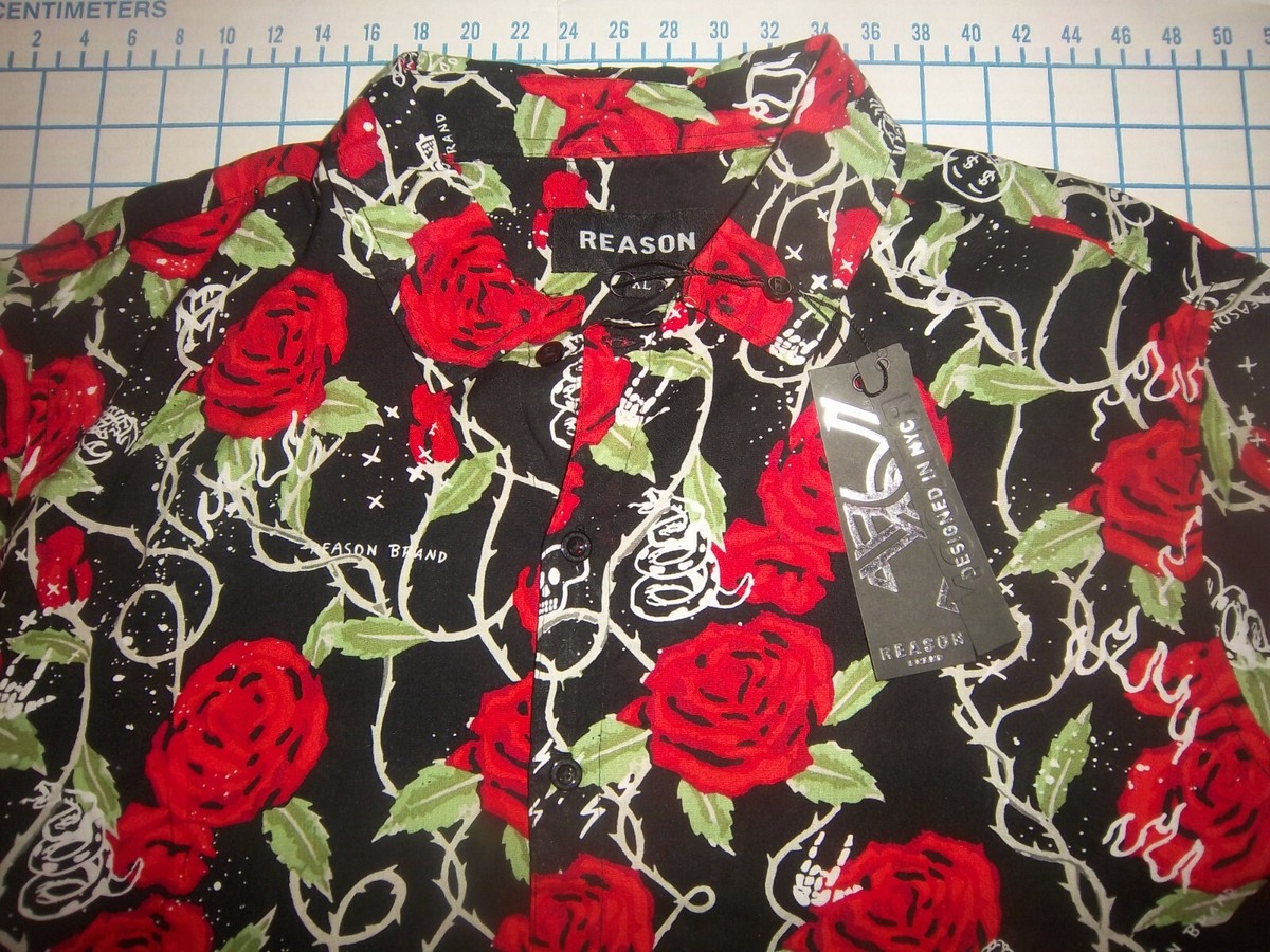 MENS XLARGE REASON BLACK/RED/GREEN/WHITE SS BUTTON UP ROSES SHIRT