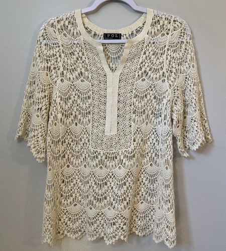 POL Open Crochet Knit Ivory Floral Boho Pullover Blouse Top Sz Sm Anthropologie