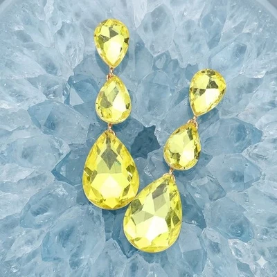 Yellow Teardrop Glass Crystal Drop Evening Clip On Earrings Formal Prom Jewelry - Image 1 of 2