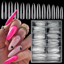 240Pc XXL Almond Gel Nail Tips Extra Long Clear Oval Fake Nails 12 Sizes Full Co