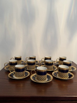 11 Französische Limoges Kobaltblau Feinporzellan & Vergoldete Demitasse Tasse Untertasse Sets