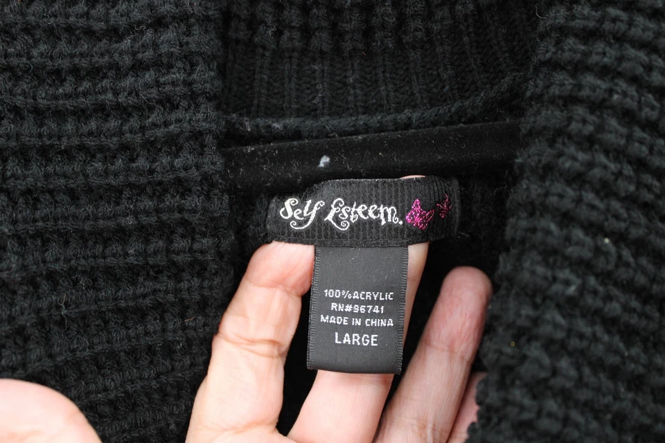 Suéter de Autoestima para Mujer Grande Negro Grueso Tejido Cinturón Capucha Cuello Bolsillos Foto 4 de 4