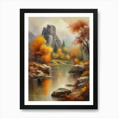 Herbstsee, Waldsee, Vintage Oi gerahmtes Wandbild Poster Leinwanddruck Bild