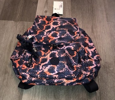 Kipling City Pack S Cobra Diva Print Backpack + Faux Fur Monkey Key Chain NWT