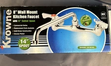 Krowne 8” Wall Mount Kitchen Faucet 14” Swivel Spout Model # 12-814L Chrome