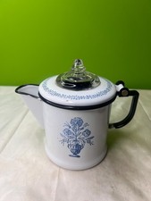 Vintage Blue & White Enamel Coffee Pot Retro Floral Percolator