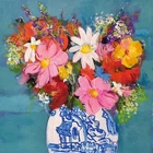 Cosmos & Friends Flowers Blue  Vase - Fine Art Blank Greeting / Birthday Card