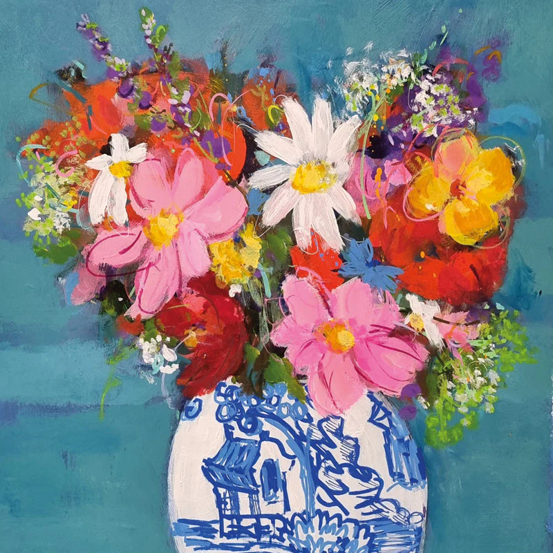 Cosmos & Friends Flowers Blue  Vase - Fine Art Blank Greeting / Birthday Card