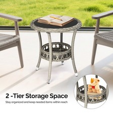 20in In/Outdoor Rattan Round Side Table Black Glass Small Table Modern Bedside