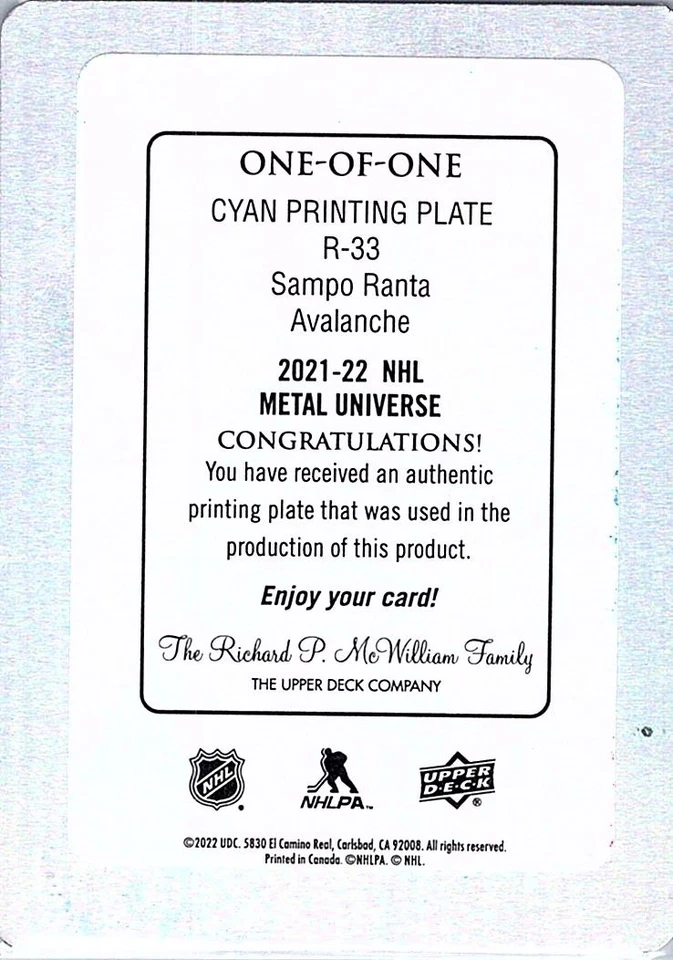 2021-22 Skybox Metal Universe Retro Sampo Ranta #R-33 Printing Plate Cyan /1 - Image 2 of 2