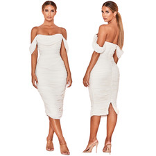 House of CB Carlotta Ruched Draped Chiffon Dress Womens XS Ivory Formal Cocktail