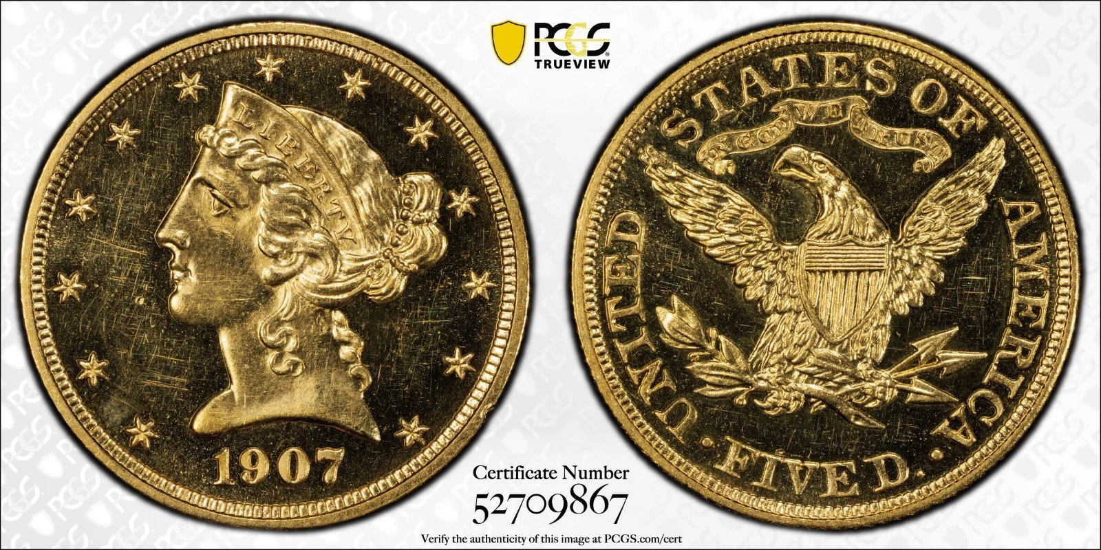 1907-P Liberty Head Five Dollar Gold Half Eagle $5 PCGS PROOF 63 CAMEO 93 MINTED