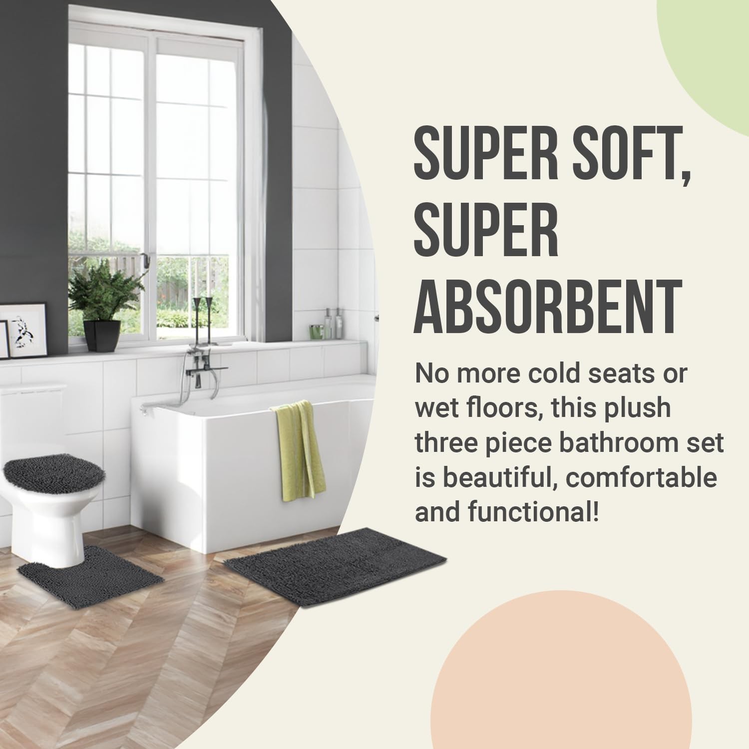 3pc Non-Slip Shaggy Chenille Bathroom Mat Set, Includes 24 x 21 Inches U-Shap...