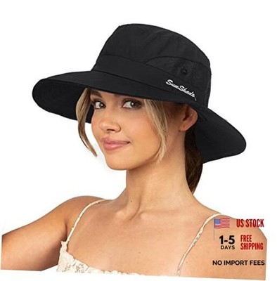 Sun Hat for Women Summer UV Protection Beach Medium Black(with Ponytail Hole)