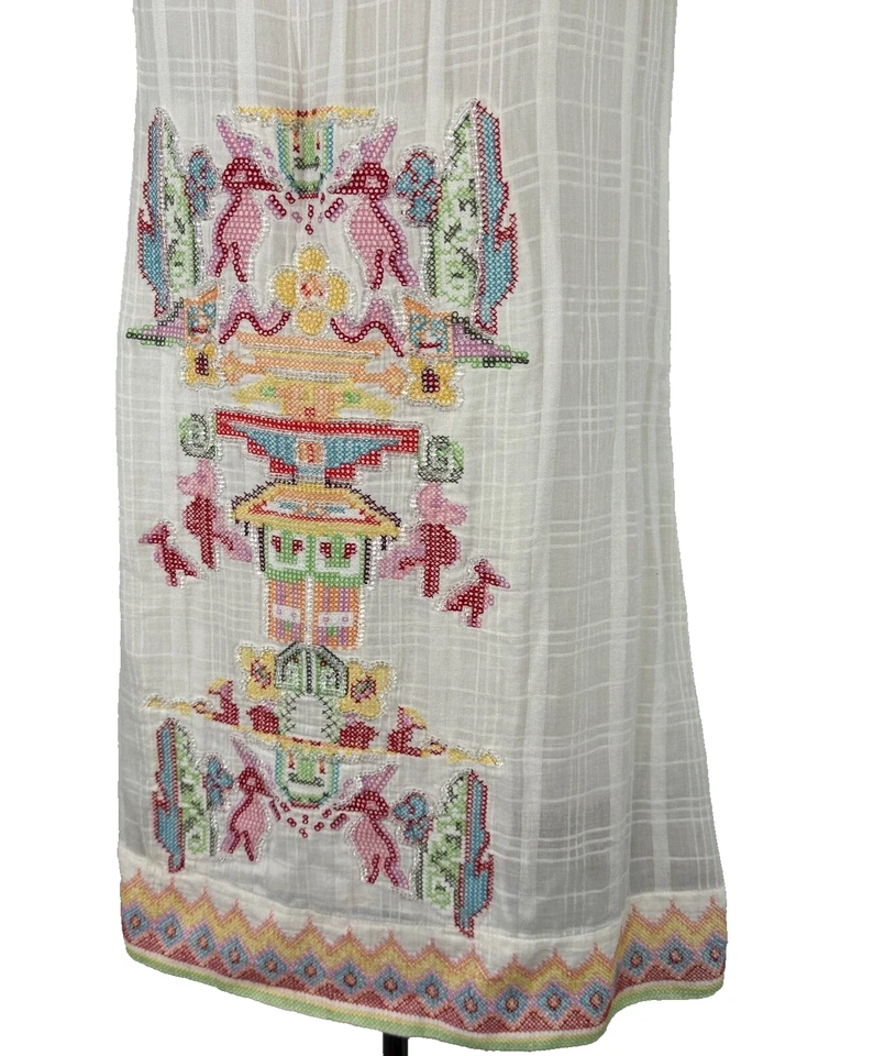 Y2K Da-Nang 白色波西米亚无袖棉刺绣串珠换装连衣裙 S 码 — 第 2/4 张图片