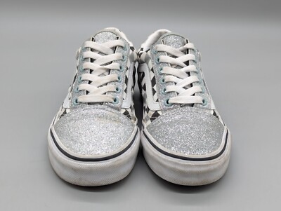 Vans Old Skool Low Top Silver Glitter Checkered Shoes Sneaker Size Men  W