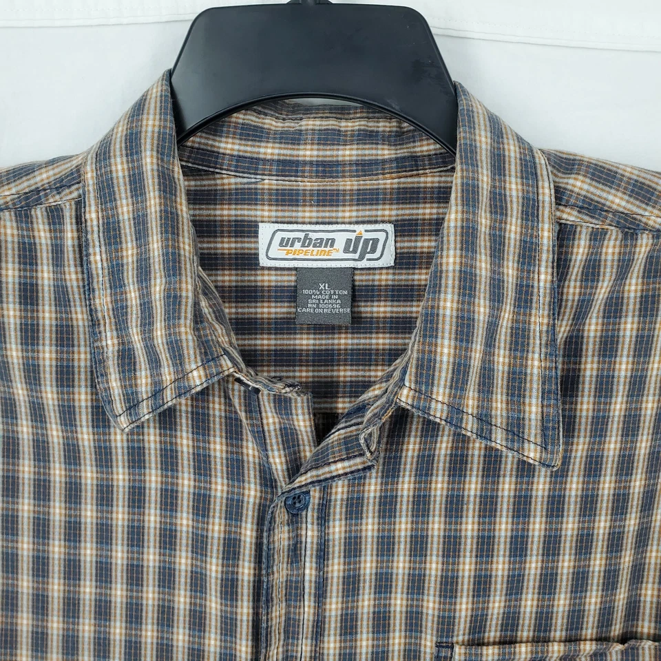 Urban Pipeline Up Collared Casual Shirt Tartan Plaid Blue Orange White Mens XL - Image 3 of 4