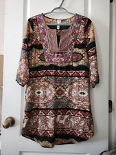 Pink Owl Apparel Embroidered Boho Shift Dress 3/4 Sleeves Back Multicolor Size S