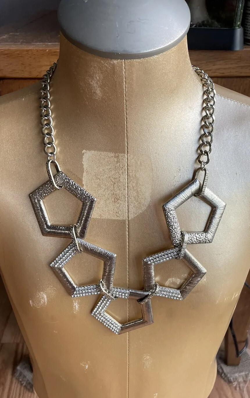 Silver Tone Pentagon Geometric Statement Necklace… - image 3