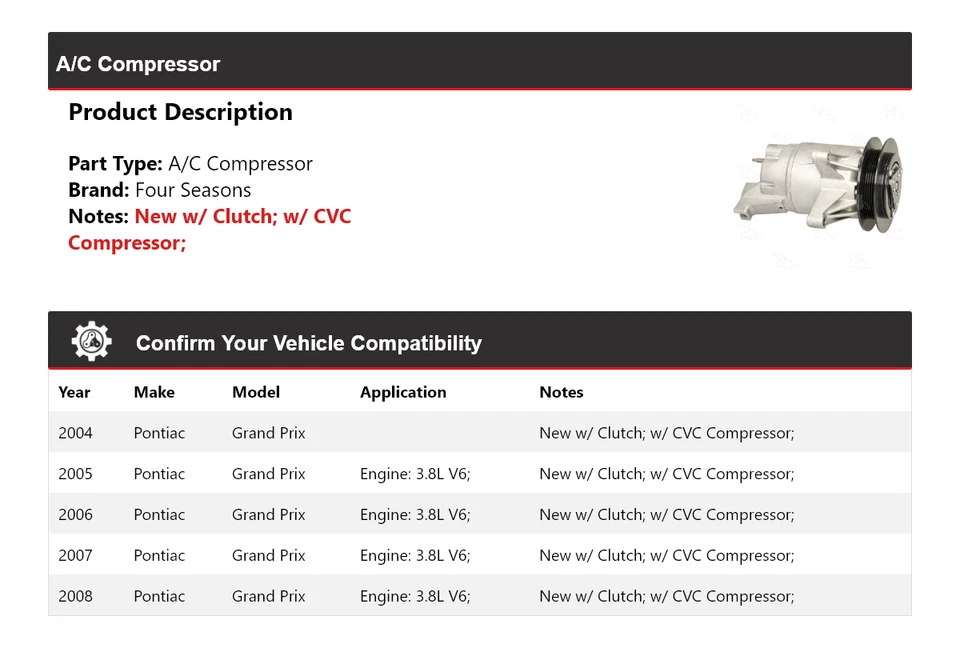 Compresor de aire acondicionado para Pontiac Grand Prix 2004-2008 4 estaciones 2005 2006 2007 Foto 2 de 4