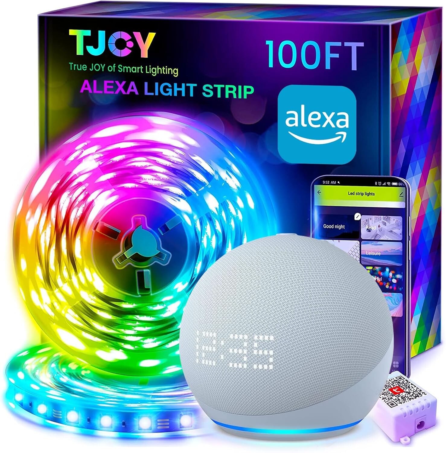 100Ft Smart Led Strip Lights for Bedroom, Work with Alexa,5050 RGB Color Changin