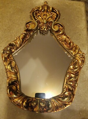 Antique Rococo wall mirror 21 x 14 in  distressed guild paint, hand carved