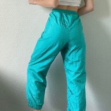 Vintage Turquoise Parachute Track Pants Elastic Waist and Ankle Cuffs