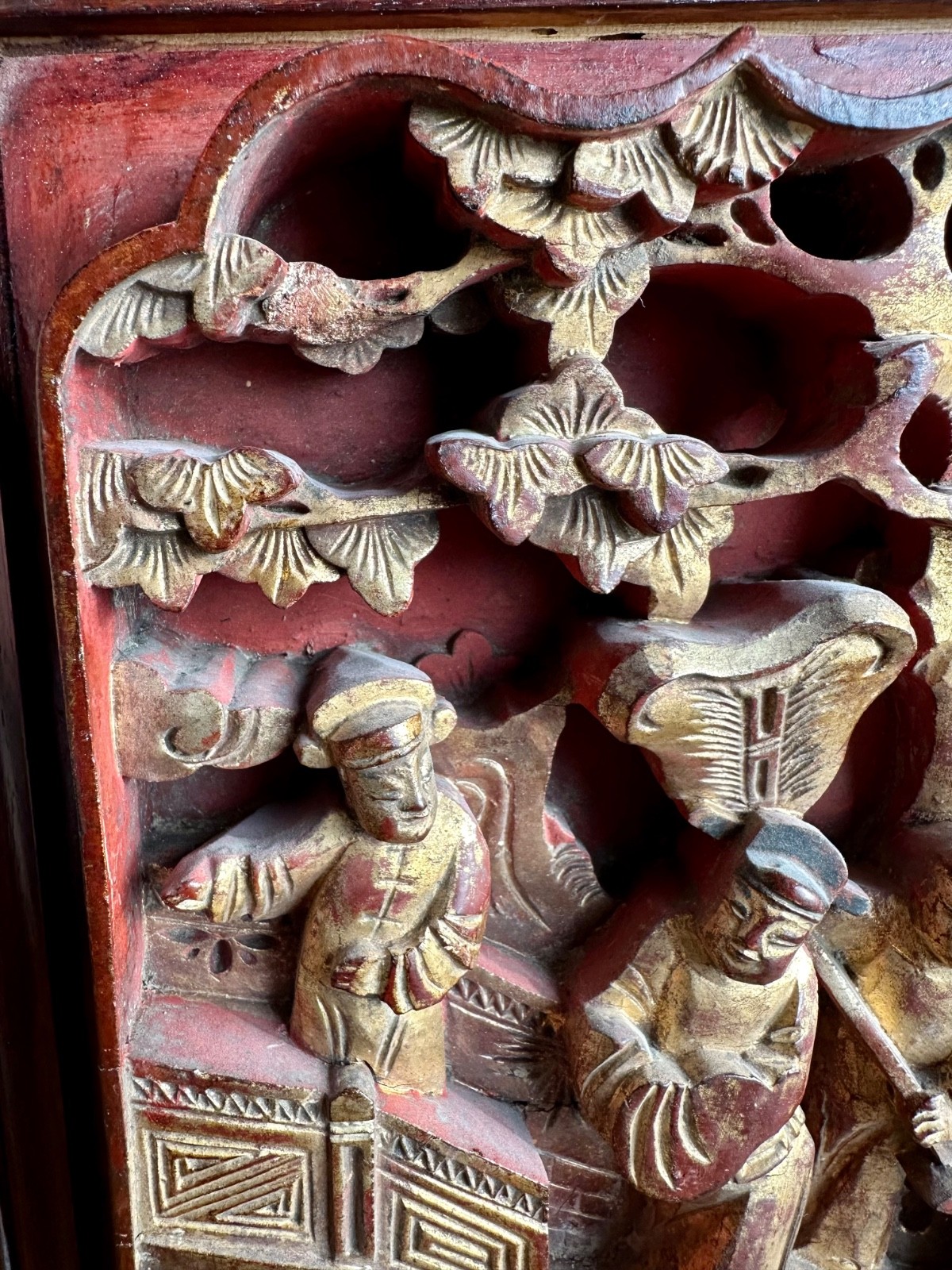 2 Antique Chinese Red & Gilt Wooden Deep Carved Panel Wood 19th Century