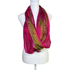 VTG Infinity Scarf Shawl Cowl Wrap Fuchsia Olive Green Silky Boho Colorful Chic