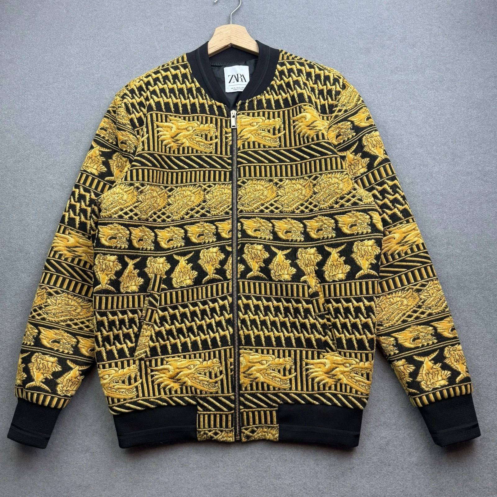 ZARA Jacket Men XL Gold JACQUARD Bomber Lion Magic Fantasy Dragon Fish Varsity