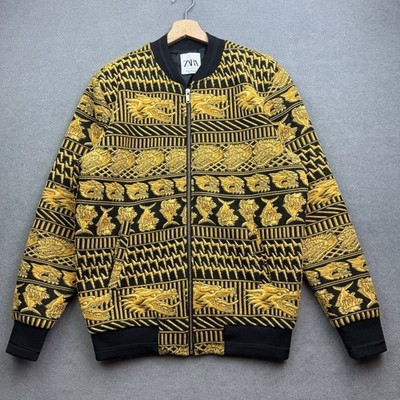 ZARA Jacke Herren XL Gold JACQUARD Bomber Löwe Magic Fantasy Dragon Fish Varsity
