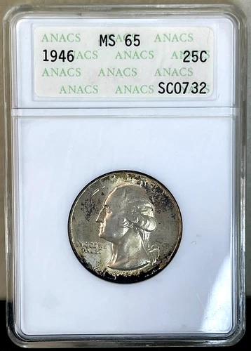 1946 SILVER Washington Quarter ANACS MS65 Old Soap Box Slab! Nicely TONED!