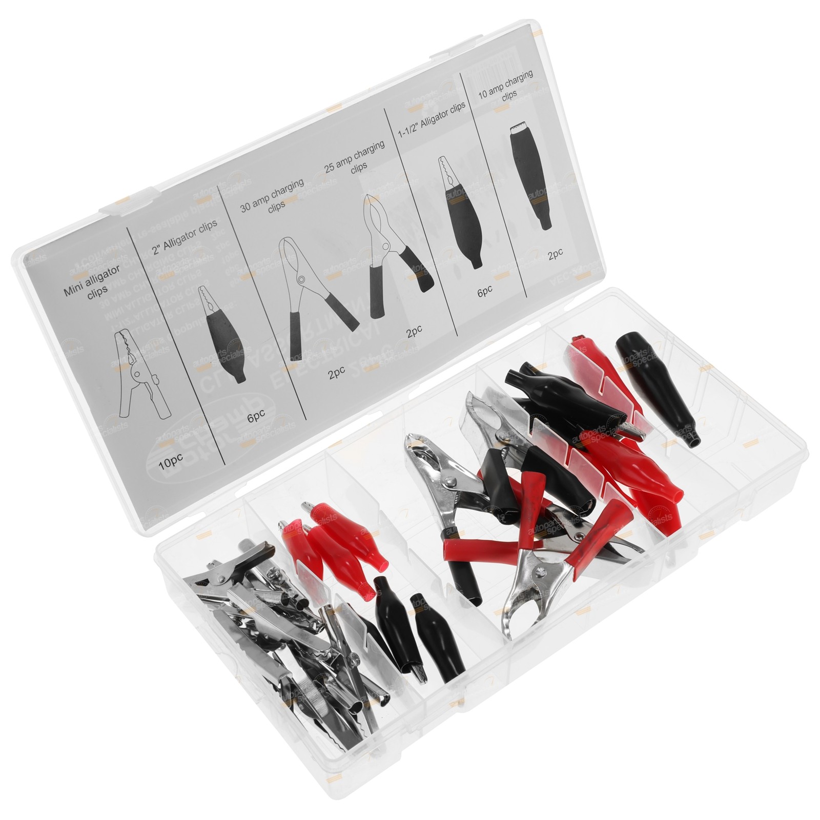 28pc Electrical Clip Assortment Kit 6 Popular Sizes Alligator & Charging Clips